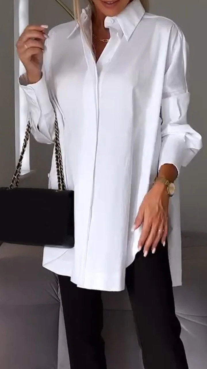 Women White Work Lapel Slit Shirt