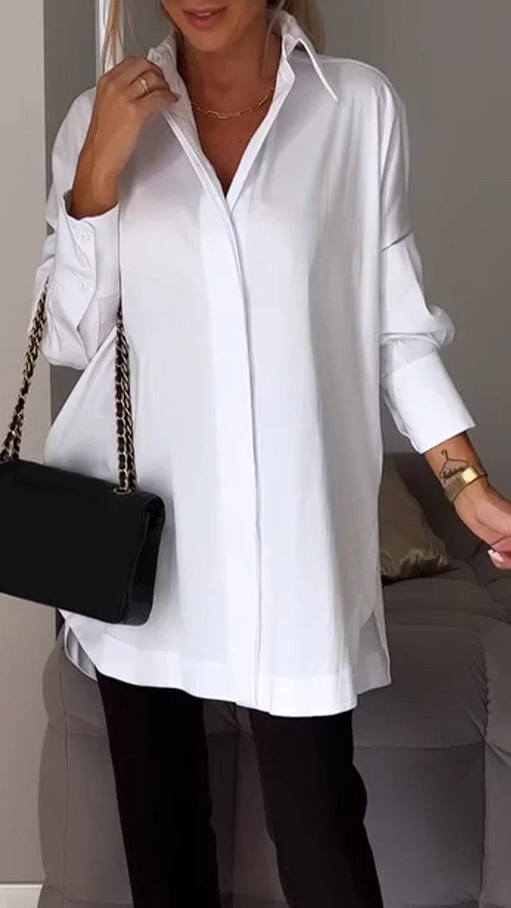 Women White Work Lapel Slit Shirt