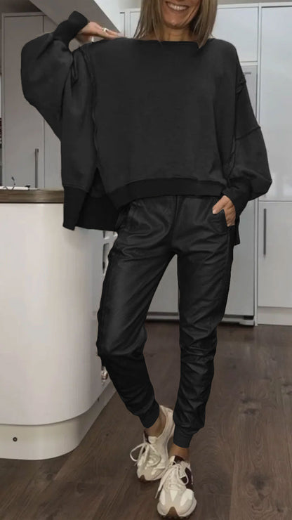 Women's Round Neck Casual Top + Leather Pants Set