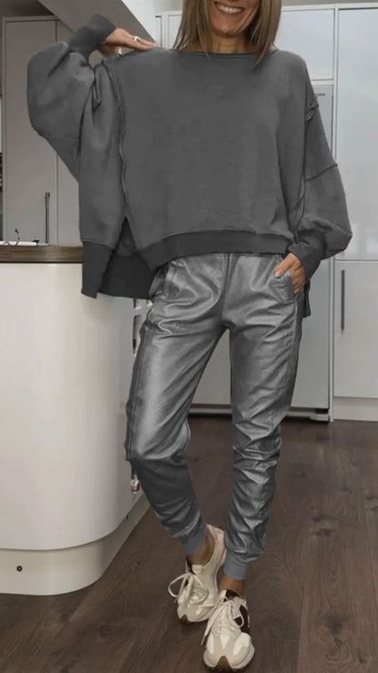 Women's Round Neck Casual Top + Leather Pants Set