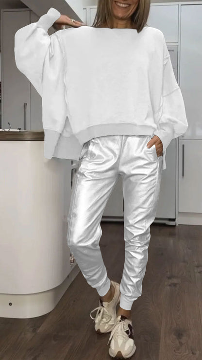 Women's Round Neck Casual Top + Leather Pants Set