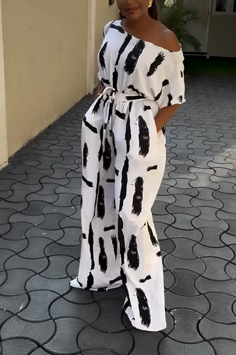 Women's Elegant Black And White Contrasting Off-shoulder Jumpsuit