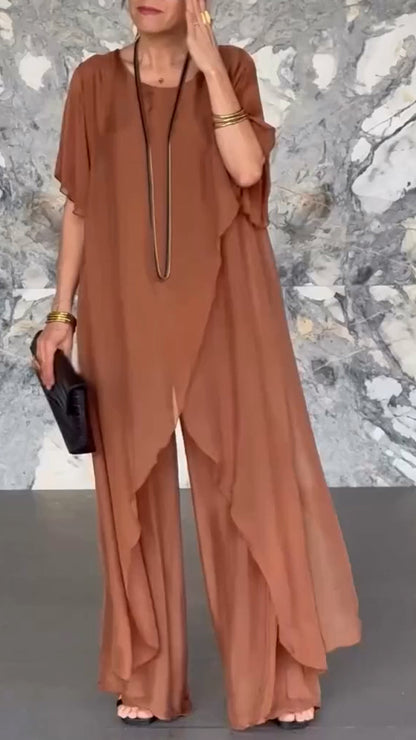 Women's Round Neck Slit Long Top + Trousers Loose Casual Suit