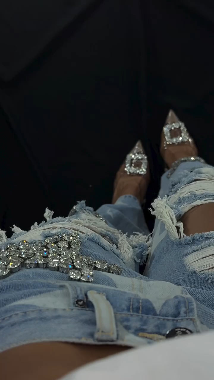 Women's Fashionable Ripped Jeans with Star Rhinestones