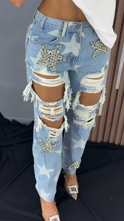 Women's Fashionable Ripped Jeans with Star Rhinestones