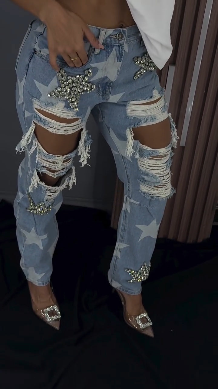 Women's Fashionable Ripped Jeans with Star Rhinestones