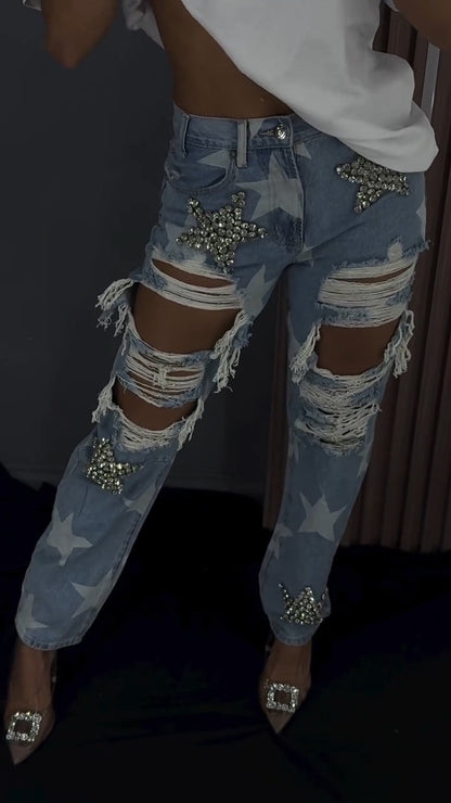 Women's Fashionable Ripped Jeans with Star Rhinestones