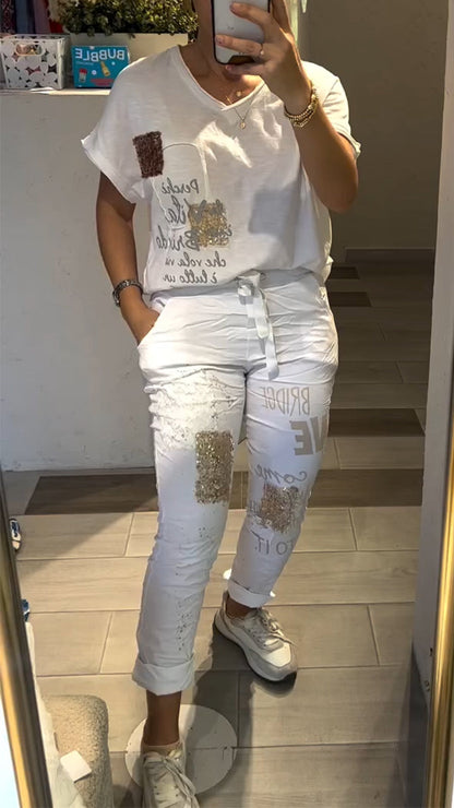 Ladies' V-neck Printed Hot Stamping Top and Pants Casual Set