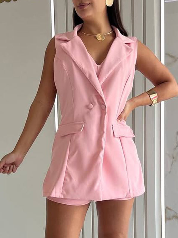 Women's Lapel Hollow Top + Shorts Set