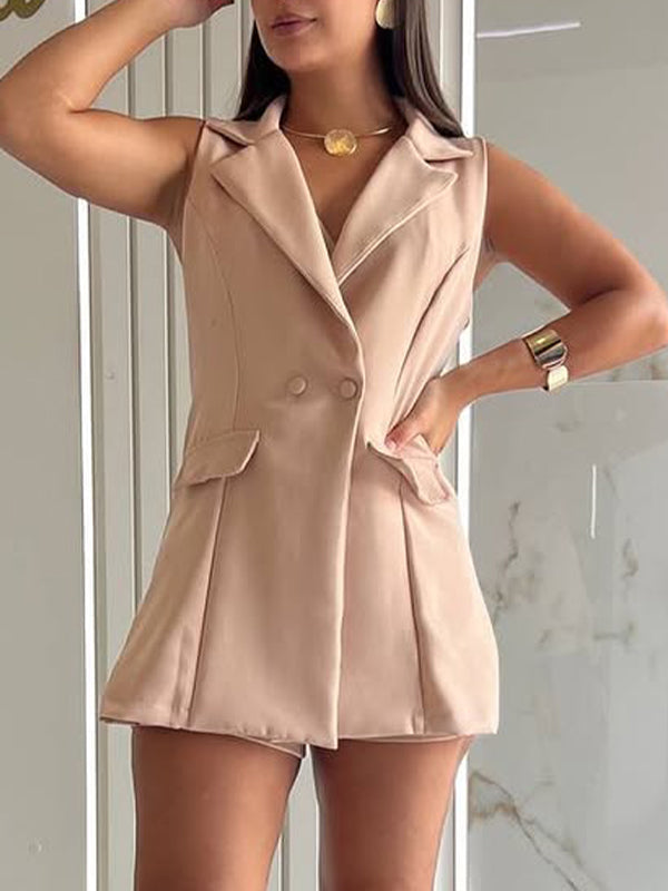 Women's Lapel Hollow Top + Shorts Set