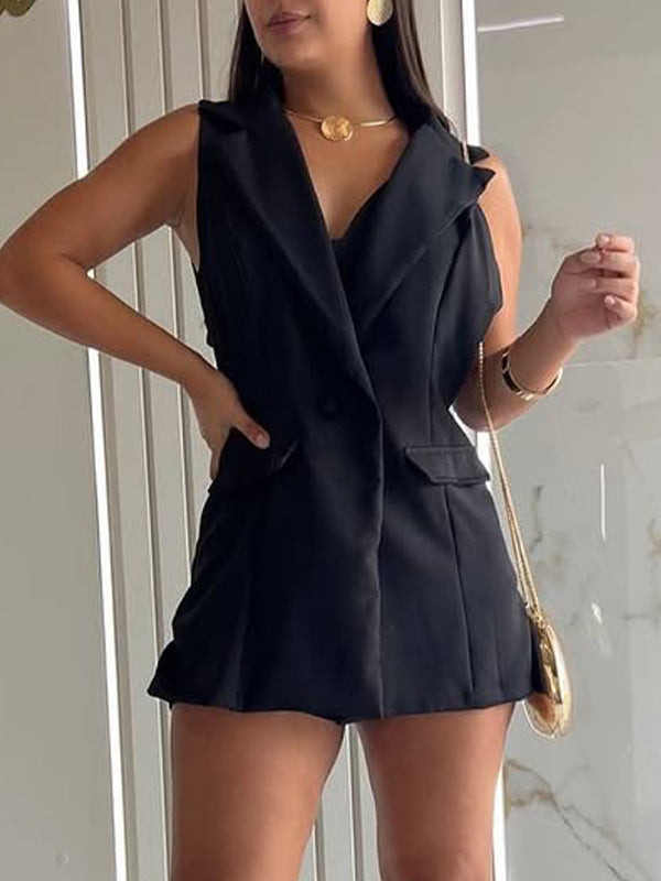 Women's Lapel Hollow Top + Shorts Set