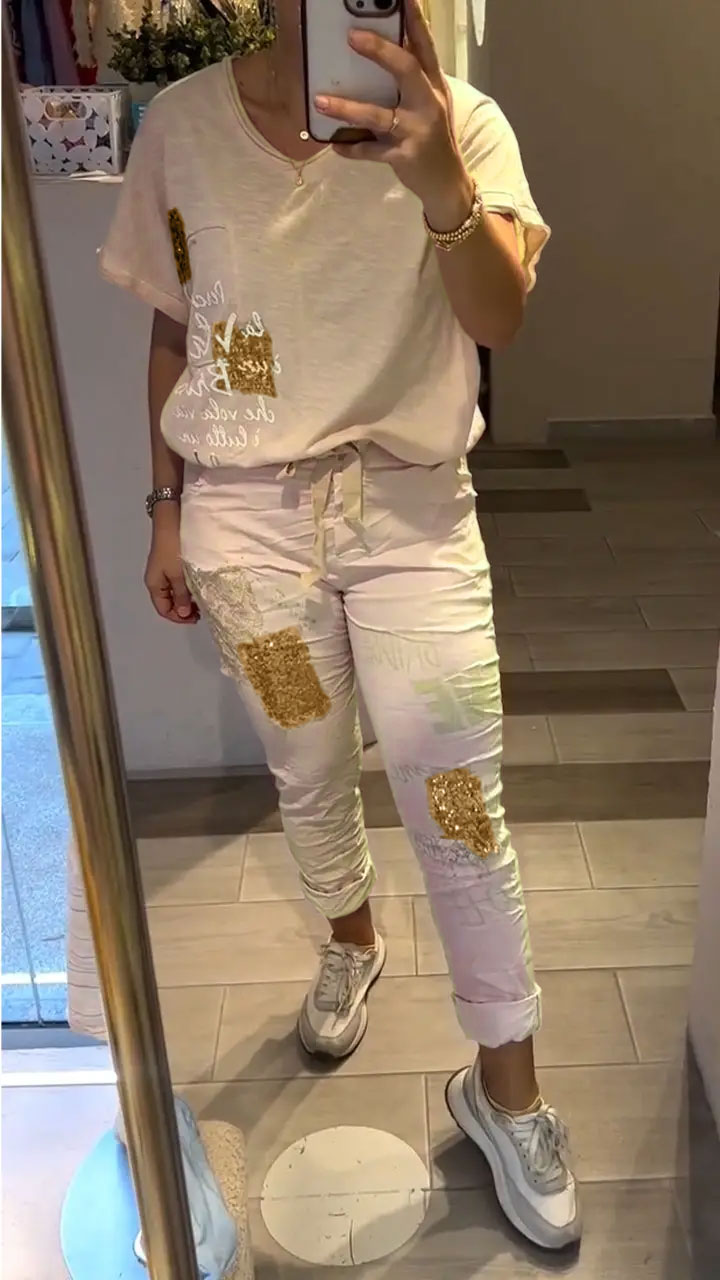 Ladies' V-neck Printed Hot Stamping Top and Pants Casual Set