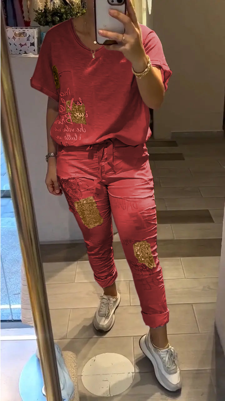 Ladies' V-neck Printed Hot Stamping Top and Pants Casual Set