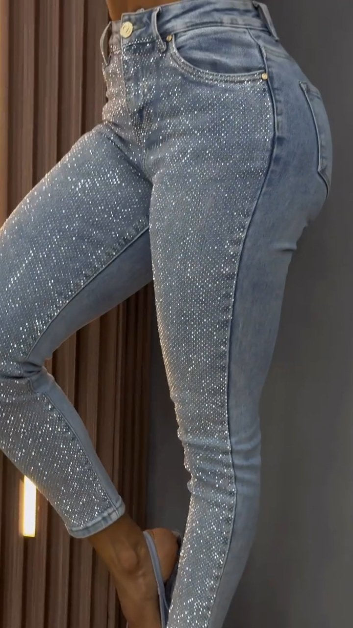 Women's Single-sided Elastic Rhinestone Slim Fit Casual Jeans