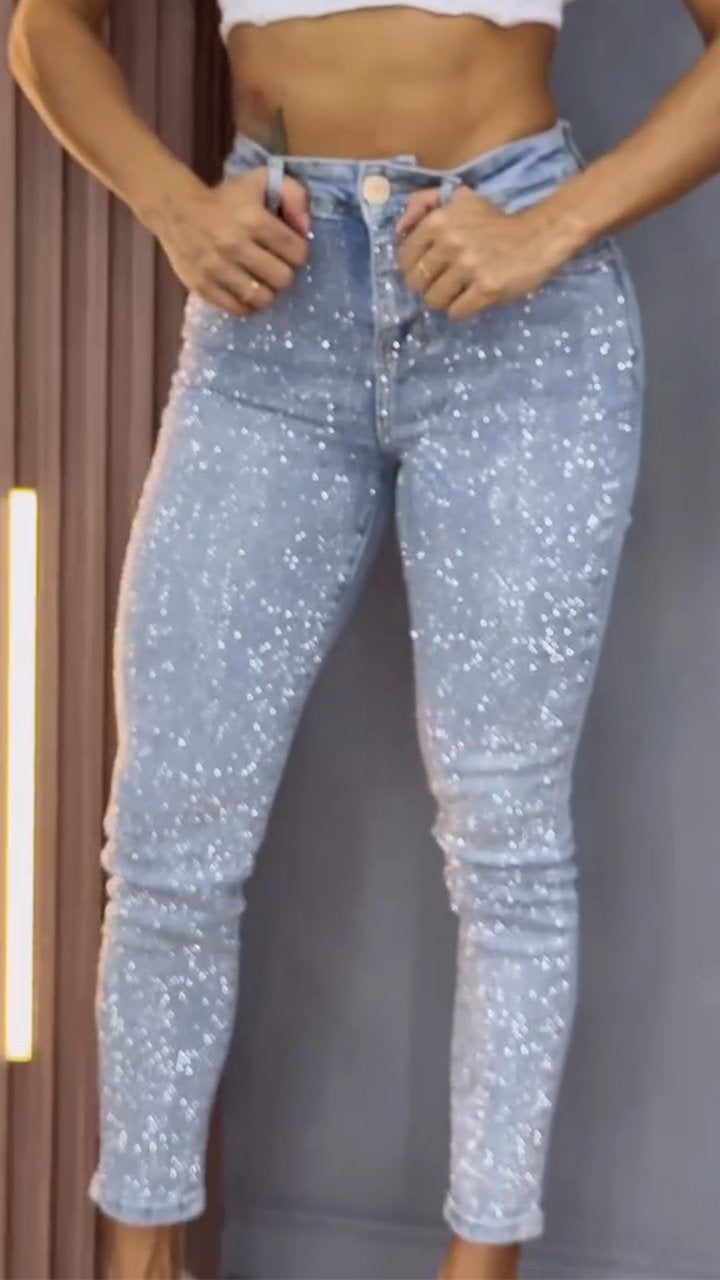 Women's Single-sided Elastic Rhinestone Slim Fit Casual Jeans