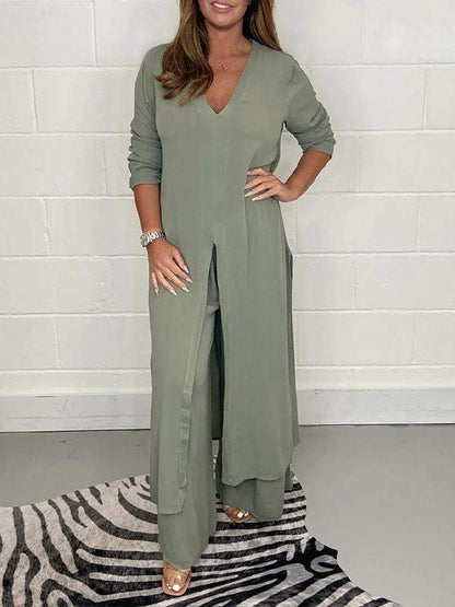 Women Summer Pant Suit Cotton V-neck Slit Casual Two-piece Set