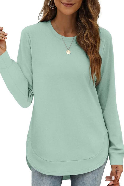 Women's Casual Round Neck Long Sleeve Curved Hem Top