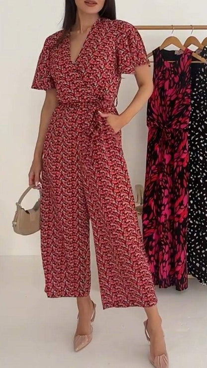 Women's V-neck Short-sleeved Printed Casual Jumpsuit