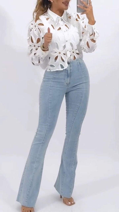 Women's Lapel Hollow Top + Denim Pants Suit