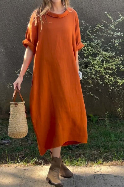 Women's casual solid color cotton and linen dress