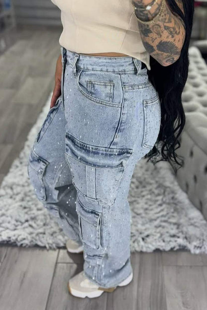 Women's Multi-pocket Rhinestone Casual Jeans