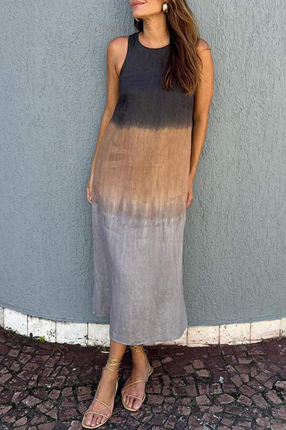 Women's casual cotton and linen sleeveless slit gradient tie-dye long dress