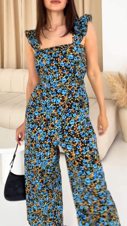 Women's V-neck Sleeveless Printed Casual Jumpsuit