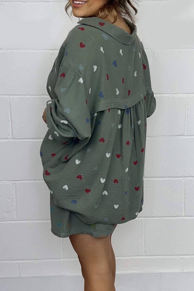 Women Heart Print Shirt & Shorts Co-Ord