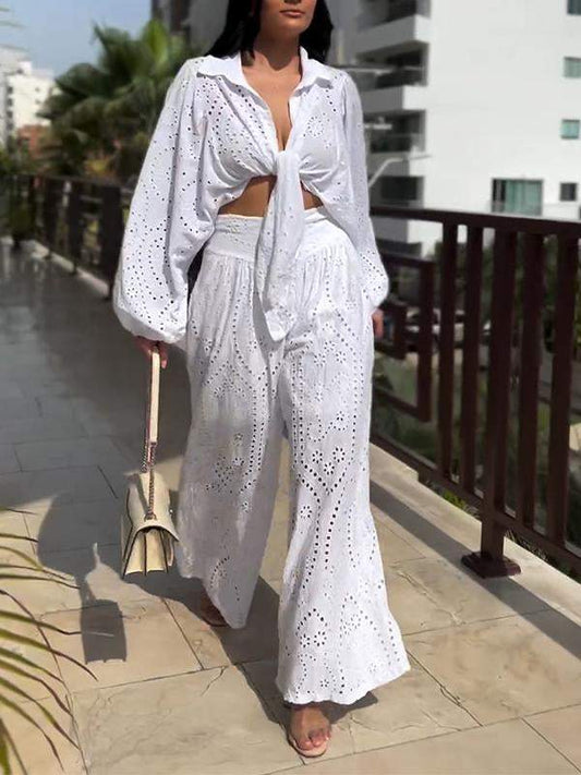 Women's Lapel Long Sleeve Hollow Two Piece Suit