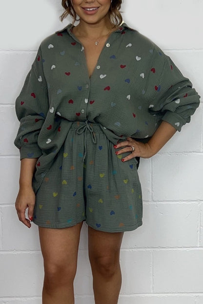 Women Heart Print Shirt & Shorts Co-Ord