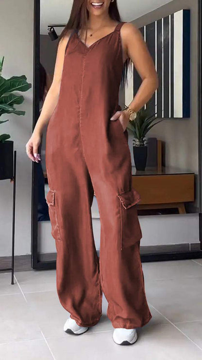 Women Thin Denim Cargo Pocket V-neck Jumpsuit