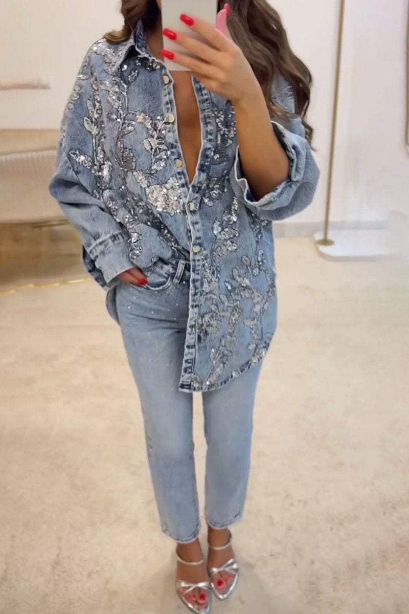 Women's Denim Sequin Embroidered Lapel Top