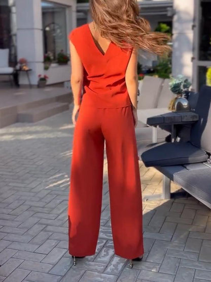 Women Casual V-neck Short-sleeved Two-piece Suit