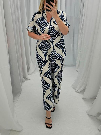 Women Casual V-neck Printed Two-piece Suit