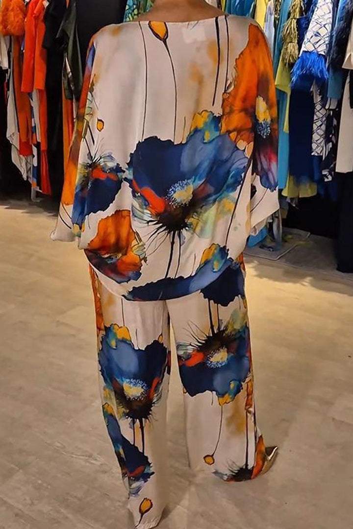 Women Casual Floral Printed Set Crew Neck Satin Two Piece Suit