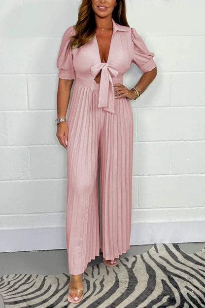 Women Elegant Summer Bow Tie Pleated Solid Color Jumpsuit