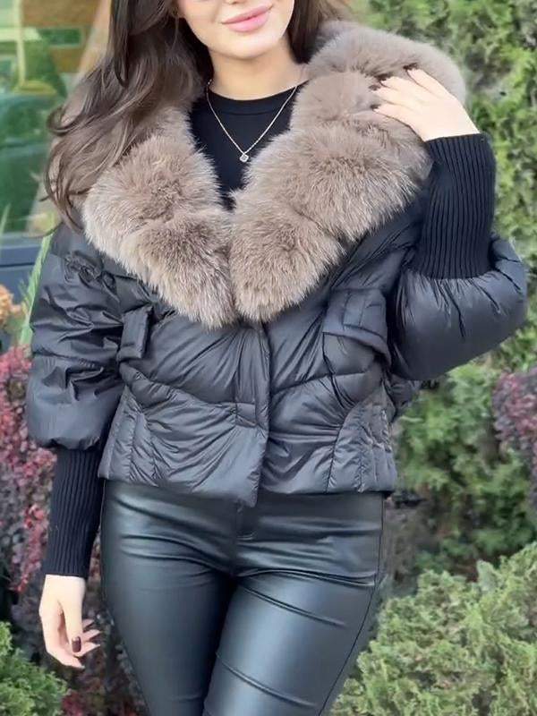 Women's Fur Lapel Patchwork Sleeve Short Cotton Coat