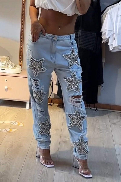 Women's Casual Star-studded Ripped Jeans