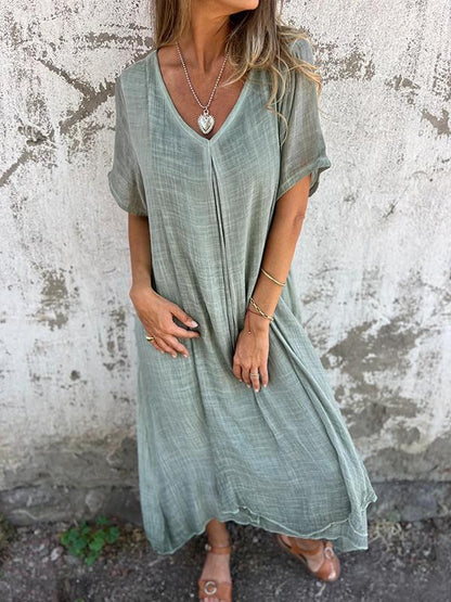 Women casual dress Cotton and Linen V-neck Midi Dress