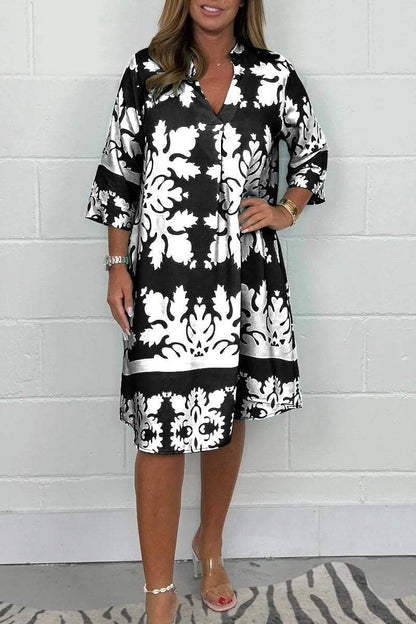 Women's V neck patterned tunic long sleeve dress