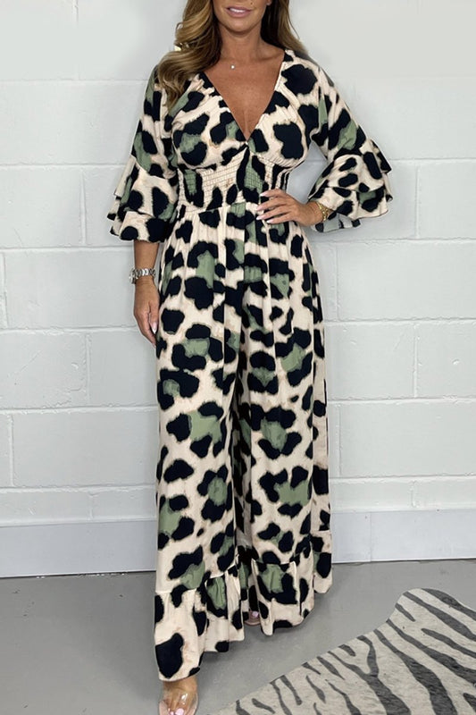 Women Summer Plus Size Jumpsuit Leopard Print V-neck Jumpsuit