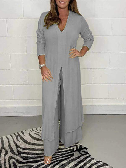 Women Summer Pant Suit Cotton V-neck Slit Casual Two-piece Set