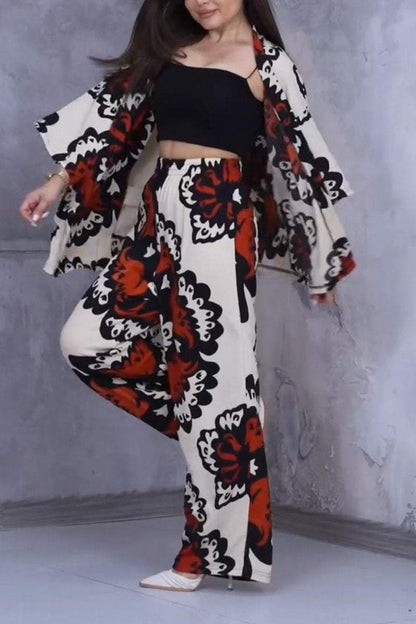 Women's Casual V-neck Printed Two-piece Suit