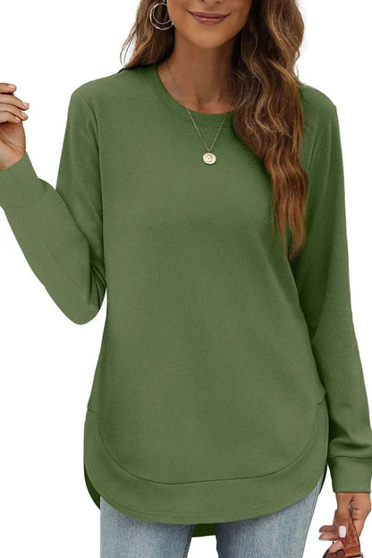 Women's Casual Round Neck Long Sleeve Curved Hem Top