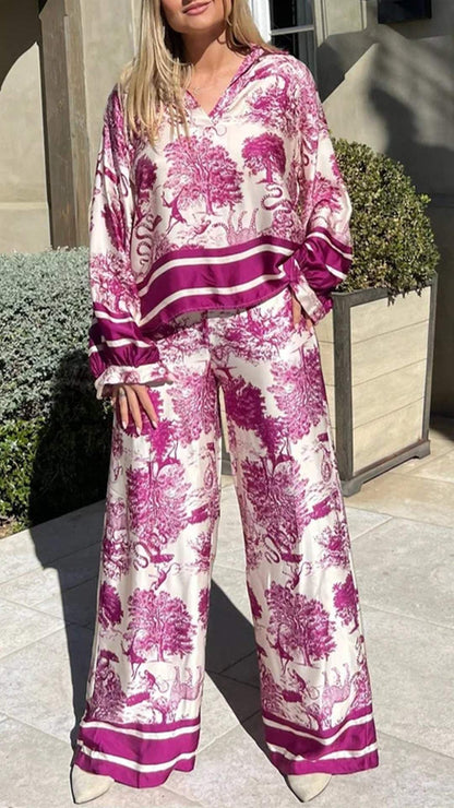 Women V-neck Tree Printed Set Long-sleeved Casual Pant Suit