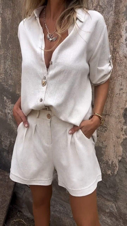 Women Middle Sleeves Cotton and Linen Lapel Shirt Suit