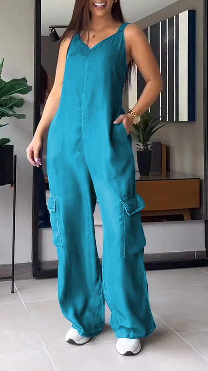 Women Thin Denim Cargo Pocket V-neck Jumpsuit