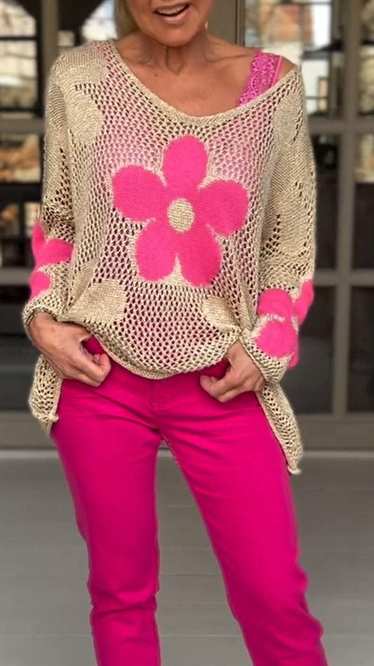 Women Floral Pattern Knitted Cutout V-neck Blouse