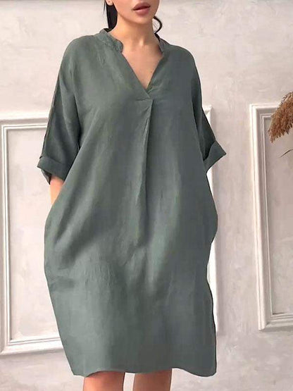 Women Comfortable spring and summer cotton and linen v-neck solid color dress