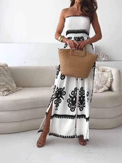 Women's casual black and white patchwork waist jumpsuit tube top printed jumpsuit